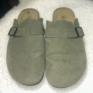 Olive Green Suede Clogs Buckle Cork Footbed EU 38 7/7.5